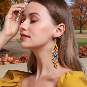 1 Pair Multicolor Bohemian Beaded Tassel Earrings Ethnic Tribal‎ Style